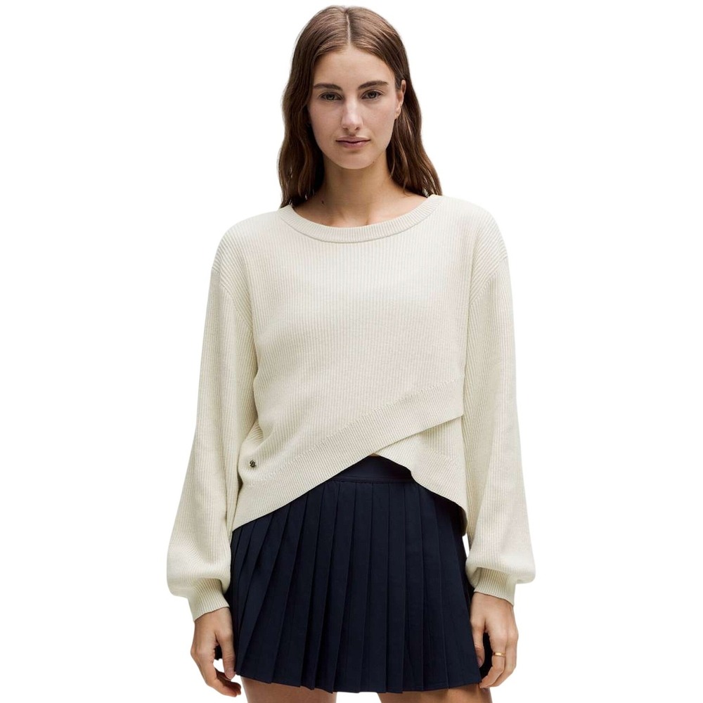Lululemon Ribbed Wrap Front Sweater Cream Balloon Sleeve Knit Pullover SIZE 6